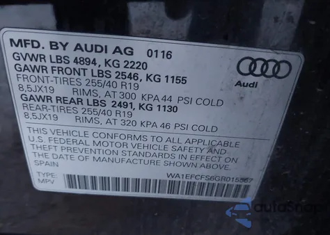 2016 Audi Q3 2.0T Premium Plus from USA, damaged, VIN WA1EFCFS6GR015567